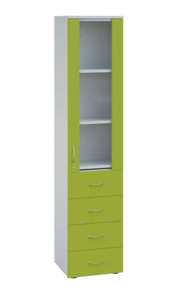 LE - 44 skříň léková prosklená, pravá, korpus bílý, dvířka jarní zeleň